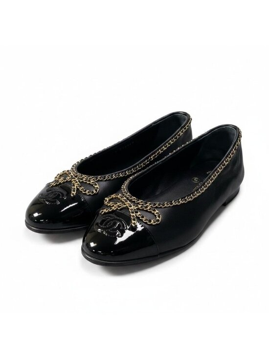 Chanel Shoes - Chanel Ribbon Chain Ballerina Pumps Gold 36.5 Black Lambskin Flat